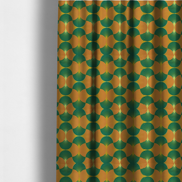 The fabric used to create these made-to-measure curtains, showcases a vibrant and warm Art Deco aesthetic, featuring a rhythmic, interlocking scalloped fan motif in a "fish scale" arrangement. This specific colourway utilizes a bold, high-contrast palette of deep forest green and saturated orange fans.