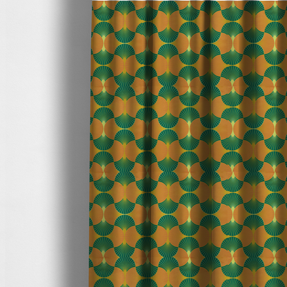 The fabric used to create these made-to-measure curtains, showcases a vibrant and warm Art Deco aesthetic, featuring a rhythmic, interlocking scalloped fan motif in a "fish scale" arrangement. This specific colourway utilizes a bold, high-contrast palette of deep forest green and saturated orange fans.
