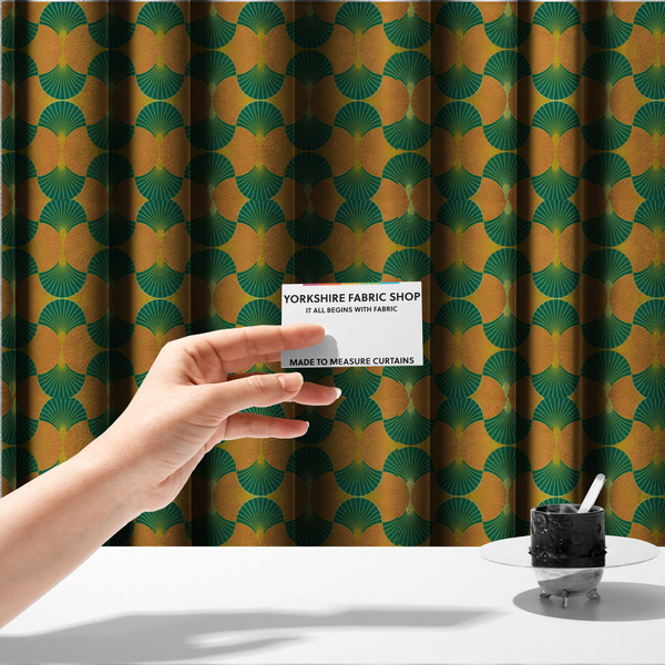 The fabric used to create these made-to-measure curtains, showcases a vibrant and warm Art Deco aesthetic, featuring a rhythmic, interlocking scalloped fan motif in a "fish scale" arrangement. This specific colourway utilizes a bold, high-contrast palette of deep forest green and saturated orange fans.