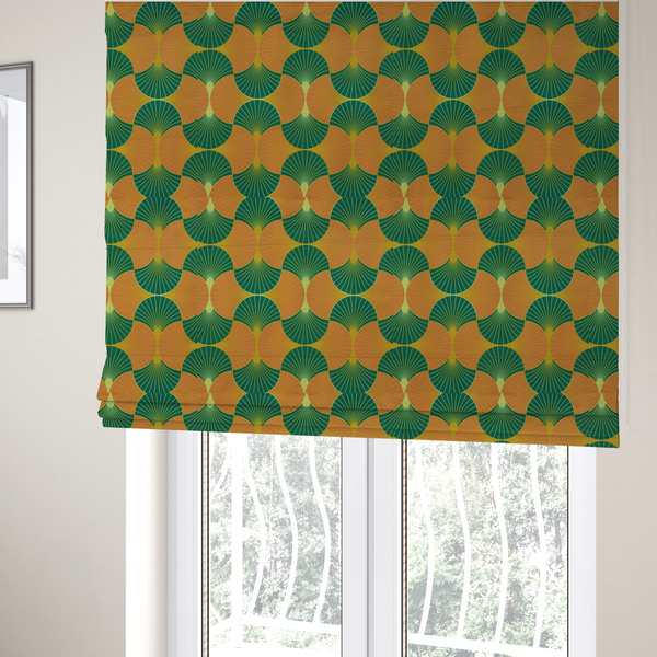 The fabric used to create these Roman blinds showcases a vibrant and warm Art Deco aesthetic, featuring a rhythmic, interlocking scalloped fan motif in a "fish scale" arrangement. This specific colourway utilizes a bold, high-contrast palette of deep forest green and saturated orange fans.