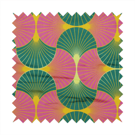 The DP-398-1 fabric features a bold and high-energy Art Deco aesthetic, characterized by its signature interlocking scalloped fan motif in a vibrant, modern colourway.