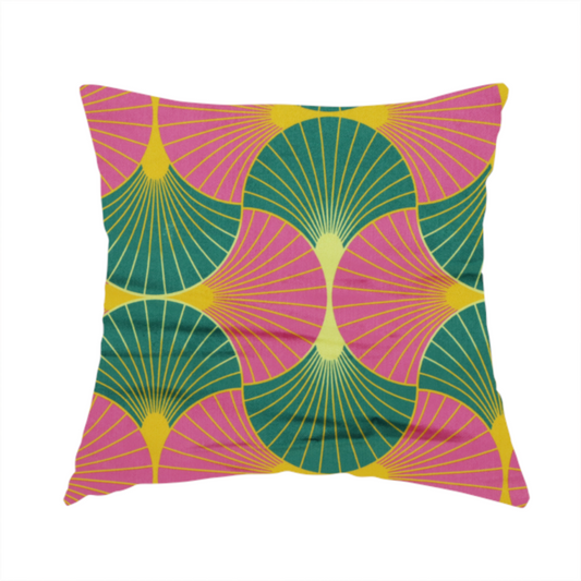 The fabric used to create this handmade cushion features a bold and high-energy Art Deco aesthetic, characterized by its signature interlocking scalloped fan motif in a vibrant, modern colourway.