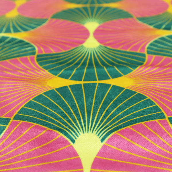The DP-398-1 fabric features a bold and high-energy Art Deco aesthetic, characterized by its signature interlocking scalloped fan motif in a vibrant, modern colourway.