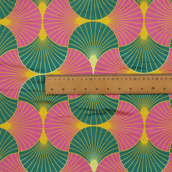 The DP-398-1 fabric features a bold and high-energy Art Deco aesthetic, characterized by its signature interlocking scalloped fan motif in a vibrant, modern colourway.