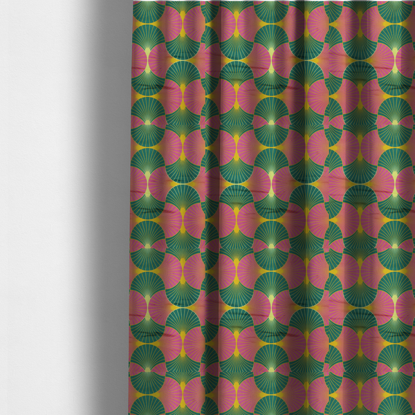The fabric used to create these made-to-measure curtains, features a bold and high-energy Art Deco aesthetic, characterized by its signature interlocking scalloped fan motif in a vibrant, modern colourway.