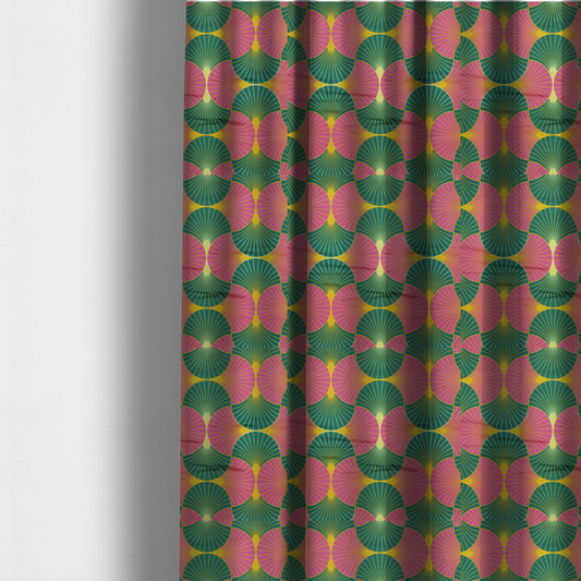 The fabric used to create these made-to-measure curtains, features a bold and high-energy Art Deco aesthetic, characterized by its signature interlocking scalloped fan motif in a vibrant, modern colourway.