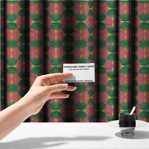 The fabric used to create these made-to-measure curtains, features a bold and high-energy Art Deco aesthetic, characterized by its signature interlocking scalloped fan motif in a vibrant, modern colourway.