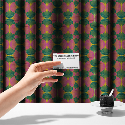 The fabric used to create these made-to-measure curtains, features a bold and high-energy Art Deco aesthetic, characterized by its signature interlocking scalloped fan motif in a vibrant, modern colourway.