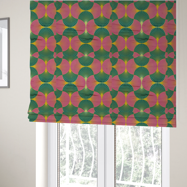 The fabric used to create these Roman blinds features a bold and high-energy Art Deco aesthetic, characterized by its signature interlocking scalloped fan motif in a vibrant, modern colourway.