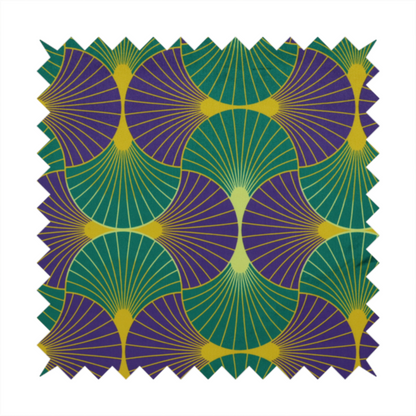 The DP-399-1 fabric features a regal and high-contrast Art Deco aesthetic, characterized by its rhythmic, interlocking scalloped fan motif in a "fish scale" layout. This specific colourway utilizes a bold and sophisticated palette.