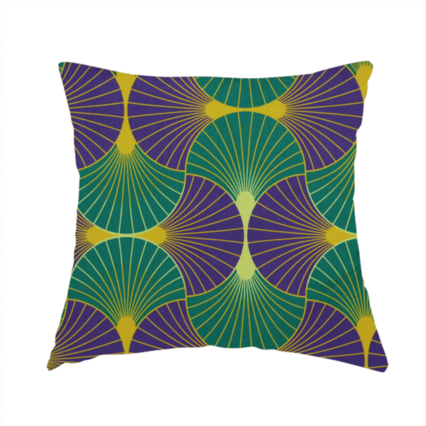 The fabric used to create this handmade cushion features a regal and high-contrast Art Deco aesthetic, characterized by its rhythmic, interlocking scalloped fan motif in a "fish scale" layout. This specific colourway utilizes a bold and sophisticated palette.