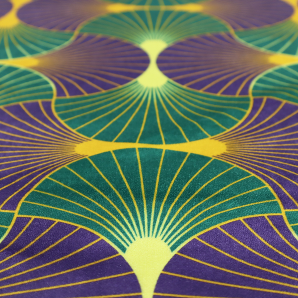 The DP-399-1 fabric features a regal and high-contrast Art Deco aesthetic, characterized by its rhythmic, interlocking scalloped fan motif in a "fish scale" layout. This specific colourway utilizes a bold and sophisticated palette.