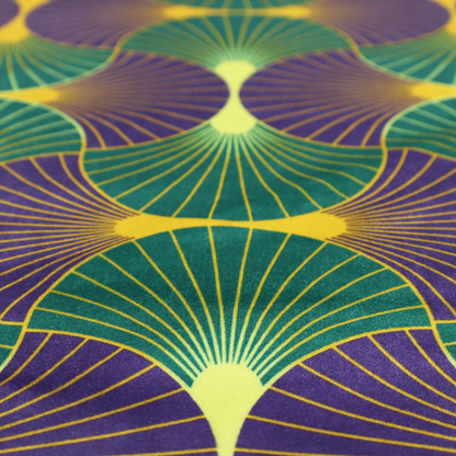 The DP-399-1 fabric features a regal and high-contrast Art Deco aesthetic, characterized by its rhythmic, interlocking scalloped fan motif in a "fish scale" layout. This specific colourway utilizes a bold and sophisticated palette.