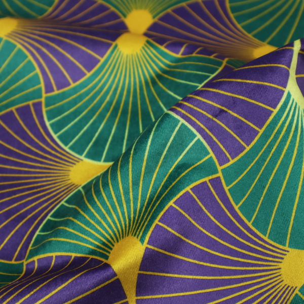 The DP-399-1 fabric features a regal and high-contrast Art Deco aesthetic, characterized by its rhythmic, interlocking scalloped fan motif in a "fish scale" layout. This specific colourway utilizes a bold and sophisticated palette.