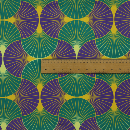 The DP-399-1 fabric features a regal and high-contrast Art Deco aesthetic, characterized by its rhythmic, interlocking scalloped fan motif in a "fish scale" layout. This specific colourway utilizes a bold and sophisticated palette.