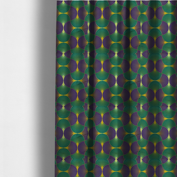 The fabric used to create these made-to-measure curtains features a regal and high-contrast Art Deco aesthetic, characterized by its rhythmic, interlocking scalloped fan motif in a "fish scale" layout. This specific colourway utilizes a bold and sophisticated palette.