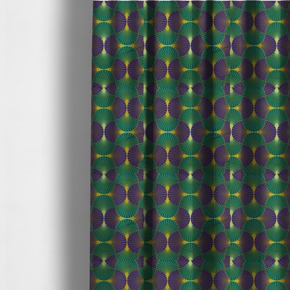 The fabric used to create these made-to-measure curtains features a regal and high-contrast Art Deco aesthetic, characterized by its rhythmic, interlocking scalloped fan motif in a "fish scale" layout. This specific colourway utilizes a bold and sophisticated palette.