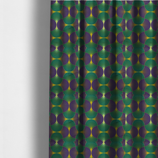 The fabric used to create these made-to-measure curtains features a regal and high-contrast Art Deco aesthetic, characterized by its rhythmic, interlocking scalloped fan motif in a "fish scale" layout. This specific colourway utilizes a bold and sophisticated palette.