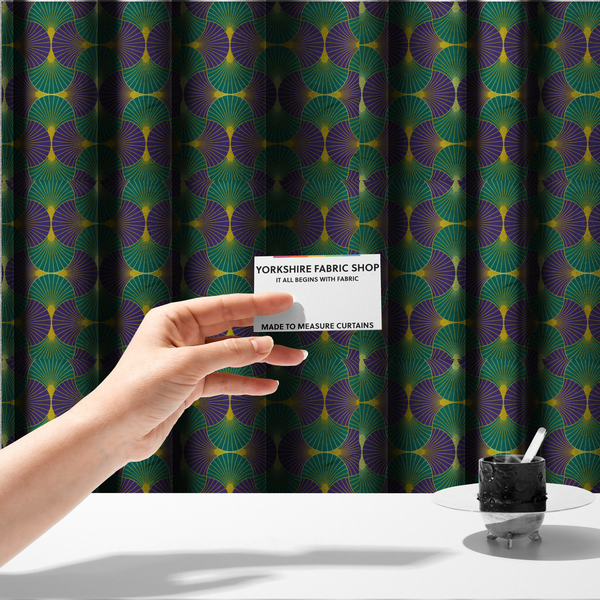 The fabric used to create these made-to-measure curtains features a regal and high-contrast Art Deco aesthetic, characterized by its rhythmic, interlocking scalloped fan motif in a "fish scale" layout. This specific colourway utilizes a bold and sophisticated palette.