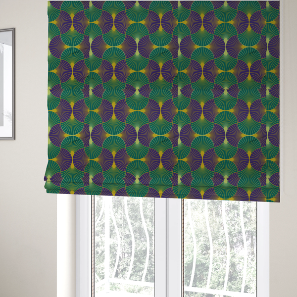 The fabric used to create these Roman blinds, features a regal and high-contrast Art Deco aesthetic, characterized by its rhythmic, interlocking scalloped fan motif in a "fish scale" layout. This specific colourway utilizes a bold and sophisticated palette.