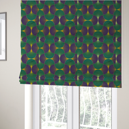 The fabric used to create these Roman blinds, features a regal and high-contrast Art Deco aesthetic, characterized by its rhythmic, interlocking scalloped fan motif in a "fish scale" layout. This specific colourway utilizes a bold and sophisticated palette.