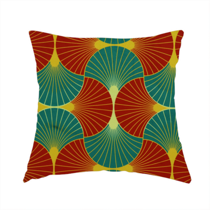 The fabric used to create this handmade cushion features a bold, high-contrast Art Deco aesthetic, characterized by its signature interlocking scalloped fan motif in a rich, traditional colourway.
