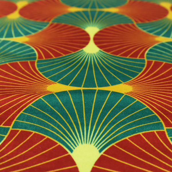 The DP-400-1 fabric features a bold, high-contrast Art Deco aesthetic, characterized by its signature interlocking scalloped fan motif in a rich, traditional colourway.