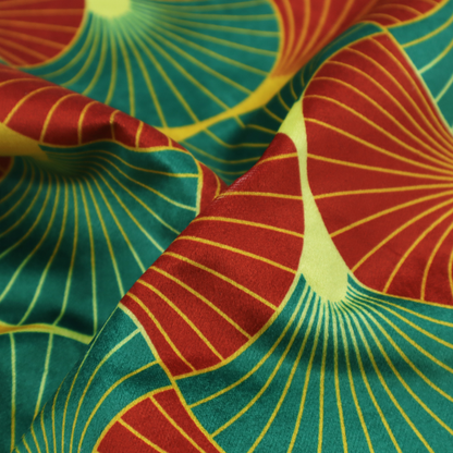 The DP-400-1 fabric features a bold, high-contrast Art Deco aesthetic, characterized by its signature interlocking scalloped fan motif in a rich, traditional colourway.