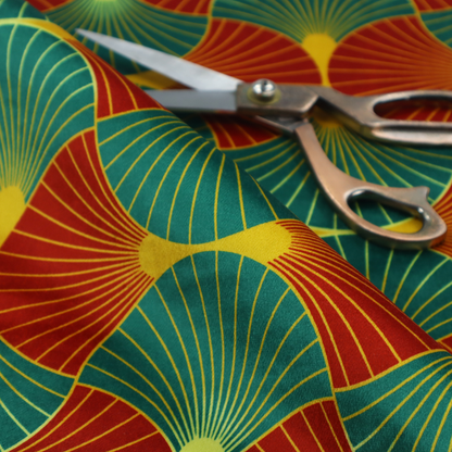 The DP-400-1 fabric features a bold, high-contrast Art Deco aesthetic, characterized by its signature interlocking scalloped fan motif in a rich, traditional colourway.