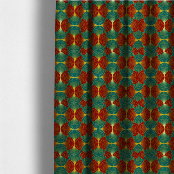 The fabric used to create these made-to-measure curtains features a bold, high-contrast Art Deco aesthetic, characterized by its signature interlocking scalloped fan motif in a rich, traditional colourway.