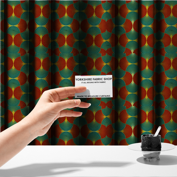 The fabric used to create these made-to-measure curtains features a bold, high-contrast Art Deco aesthetic, characterized by its signature interlocking scalloped fan motif in a rich, traditional colourway.