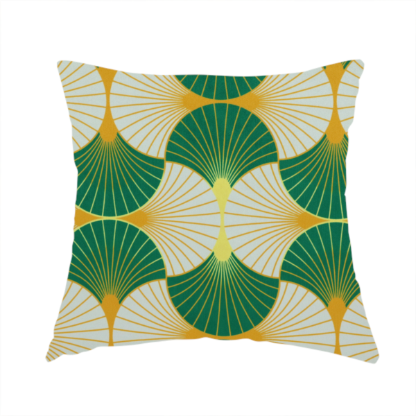 The fabric used to create this handmade cushion features a crisp and architectural Art Deco aesthetic, utilizing a high-contrast palette that emphasizes its geometric precision.