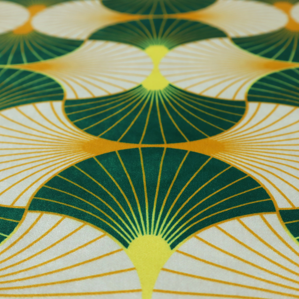 The DP-401-1 fabric features a crisp and architectural Art Deco aesthetic, utilizing a high-contrast palette that emphasizes its geometric precision.