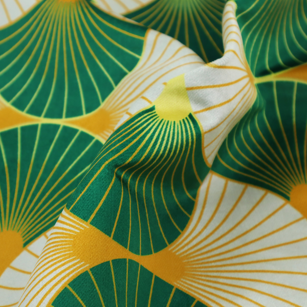 The DP-401-1 fabric features a crisp and architectural Art Deco aesthetic, utilizing a high-contrast palette that emphasizes its geometric precision.