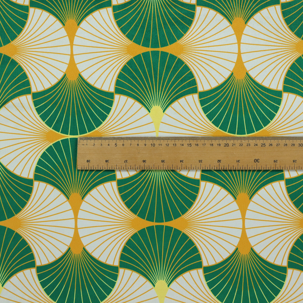 The DP-401-1 fabric features a crisp and architectural Art Deco aesthetic, utilizing a high-contrast palette that emphasizes its geometric precision.