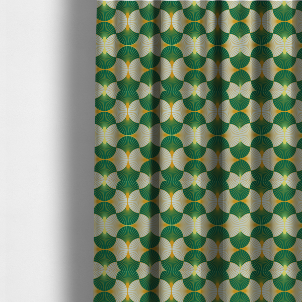 The fabric used to create these made-to-measure curtains features a crisp and architectural Art Deco aesthetic, utilizing a high-contrast palette that emphasizes its geometric precision.