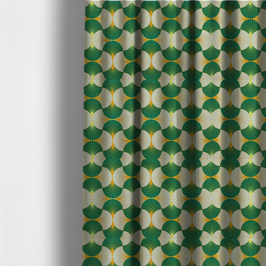 The fabric used to create these made-to-measure curtains features a crisp and architectural Art Deco aesthetic, utilizing a high-contrast palette that emphasizes its geometric precision.