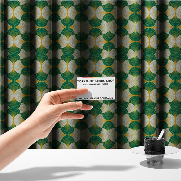 The fabric used to create these made-to-measure curtains features a crisp and architectural Art Deco aesthetic, utilizing a high-contrast palette that emphasizes its geometric precision.