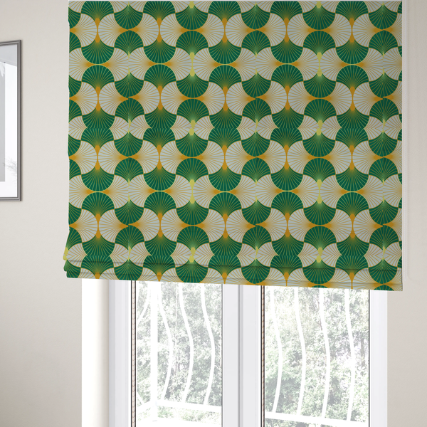The fabric used to create these Roman blinds features a crisp and architectural Art Deco aesthetic, utilizing a high-contrast palette that emphasizes its geometric precision.