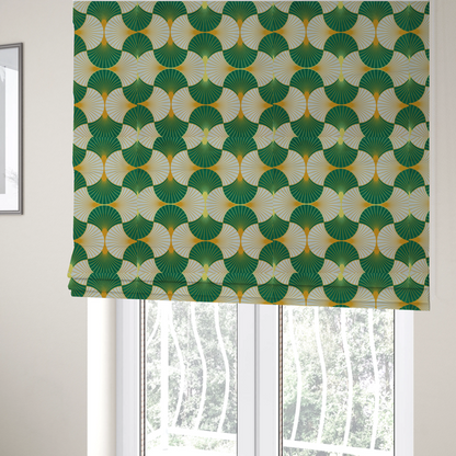 The fabric used to create these Roman blinds features a crisp and architectural Art Deco aesthetic, utilizing a high-contrast palette that emphasizes its geometric precision.