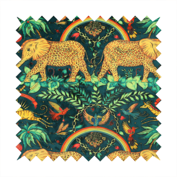 A fabric with large elephants patterned with leopard-like spots facing one another.