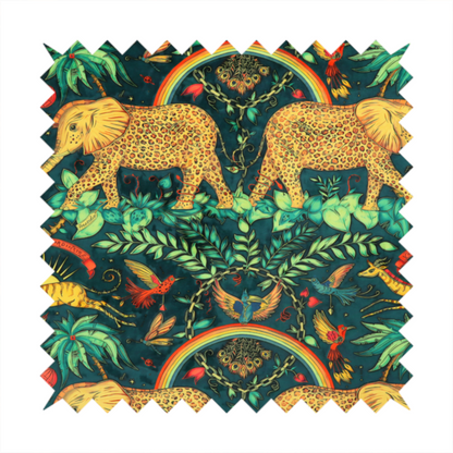 A fabric with large elephants patterned with leopard-like spots facing one another.