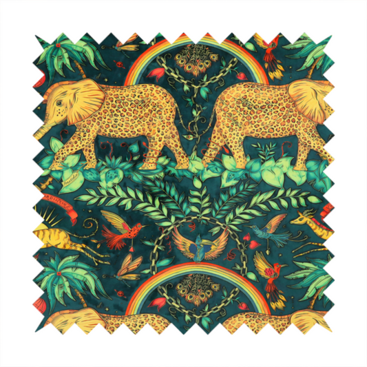 A fabric with large elephants patterned with leopard-like spots facing one another.