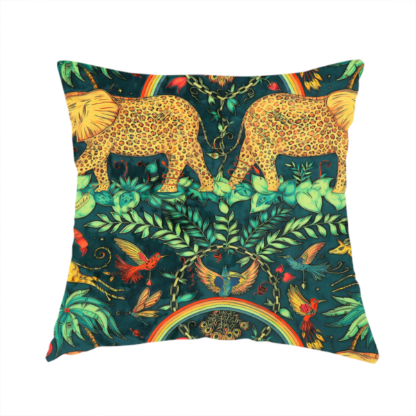The fabric used to create this handmade cushion is a fabric with large elephants patterned with leopard-like spots facing one another.