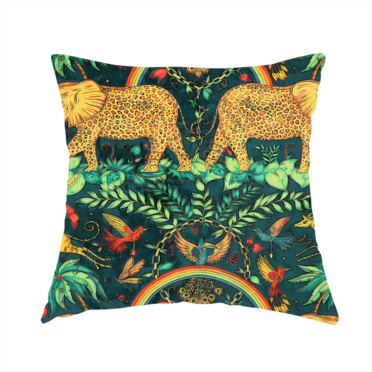 The fabric used to create this handmade cushion is a fabric with large elephants patterned with leopard-like spots facing one another.