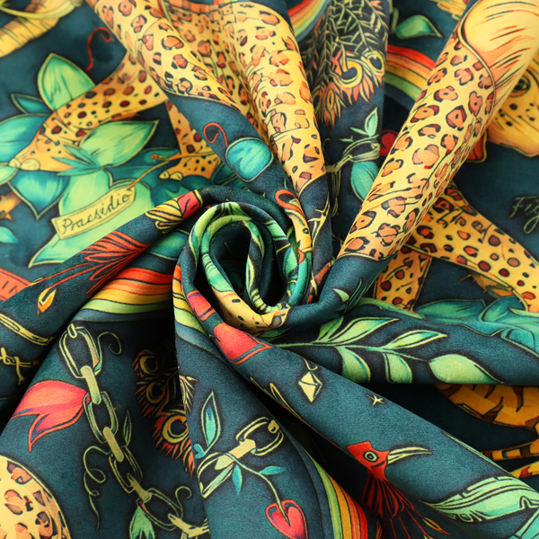 A fabric with large elephants patterned with leopard-like spots facing one another.
