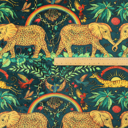 A fabric with large elephants patterned with leopard-like spots facing one another.