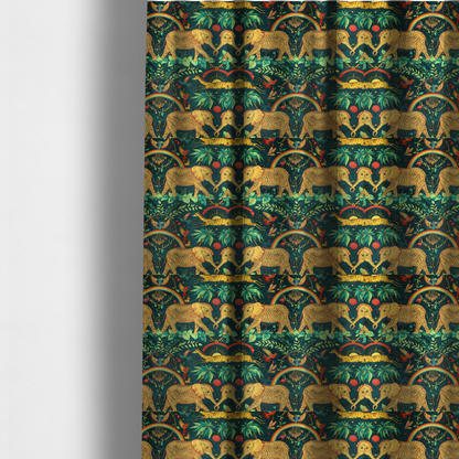 The fabric used to create these made-to-measure curtains is a fabric with large elephants patterned with leopard-like spots facing one another.