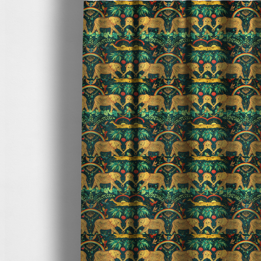 The fabric used to create these made-to-measure curtains is a fabric with large elephants patterned with leopard-like spots facing one another.
