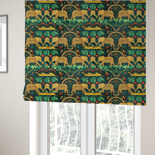 The fabric used to create these Roman blinds is a fabric with large elephants patterned with leopard-like spots facing one another.